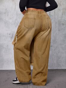 Slaydiva Celana Jeans Denim Sobek dengan Kancing Ganda di Pinggang, Desain Ukuran Besar - Khaki - View 2
