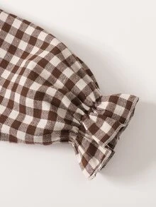 SHEIN Tween女孩秋冬休閒法式優雅棕色格紋拼色蝴蝶結裝飾長袖圓領荷葉邊下擺收腰拼接洋裝，適合秋季出遊、返校、日常穿著 - 棕色 - 查看 7