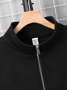 SHEIN 青少年男孩純色拉鍊休閒百搭日常穿著運動衫 - 黑色 - 查看 3