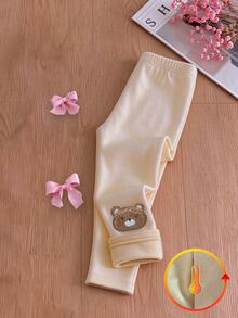 SHEIN Girls' Apricot Thermal Lined Leggings, Soft Comfortable Casual All-Match Style With Bear Embroidery, Versatile For Spring, Autumn And Winter - Multicolor - View 6