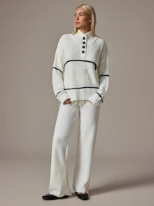 SHEIN Contrast Stripe Henley Neck Knit Lounge Set - White - View 3