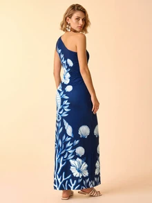 CAJUNI Women's Floral Print One Shoulder Casual Party Dress - Navy Blue - View 2