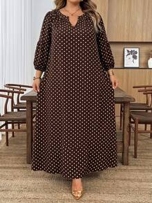 SHEIN CURVE+ فستان بطبعة نقاط بولكا فرنسية للمقاسات الكبيرة - بني - مشاهدة 5