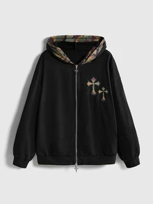 ROMWE Goth Plus Size Women's Cross Graphic Casual Everyday Sweatshirt - Black - View 1