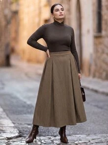 Chikora Plus Size Women's Pleated Casual Versatile Daily Wear Skirt - Coffee Brown - View 5
