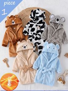 Jubah Mandi Bayi Laki-laki Lucu Bergambar Singa Lembut dengan Tudung, Jubah Mandi Tebal dari Bulu Karang dengan Tali Pinggang, Jubah Mandi yang Menyerap Air untuk di Rumah - Coklat - View 1