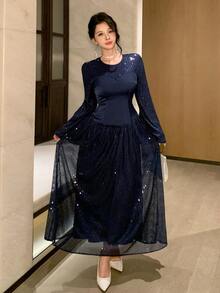 DAZY Women's Elegant Sequin Long Sleeve Evening Dress - Navy Blue - View 8