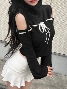FRIFUL Women's Cold Shoulder Casual Versatile Daily Long Sleeve Sweater - Black - View 1