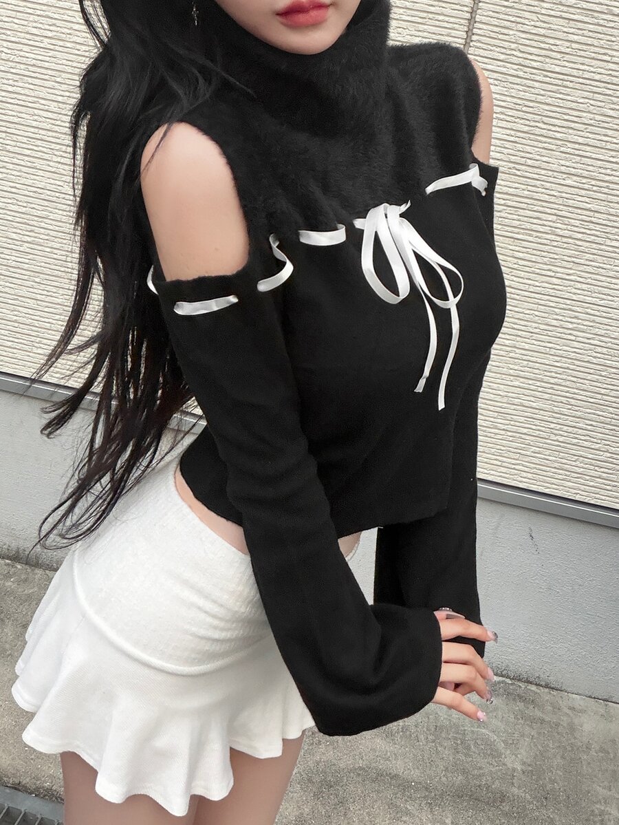 FRIFUL Women's Cold Shoulder Casual Versatile Daily Long Sleeve Sweater - Black - View 1