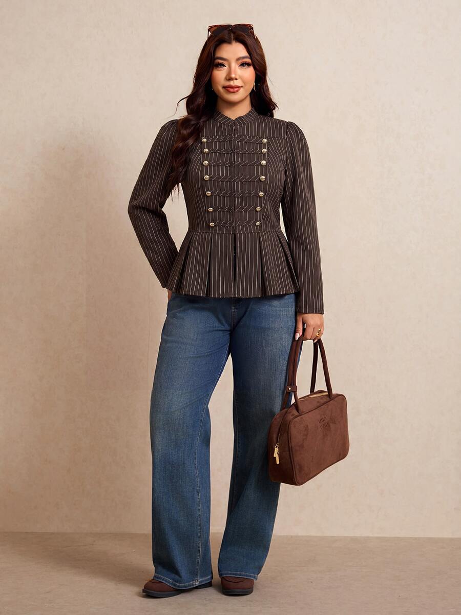 Elaquor Jaket Lengan Panjang Bergaris Kancing Ganda Gaya Vintage Ukuran Besar - MultiWarna - View 1