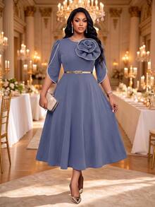 Fleurora Plus Size Elegant Party Formal Evening Dress With 3D Floral Decor Fall Dusty Blue - Dusty Blue - View 1