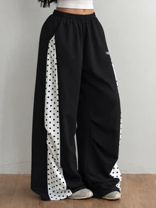 SHEIN Tween Girl Polka Dot Kids Print Colorblock Loose Sweatpants - Black and White - View 1