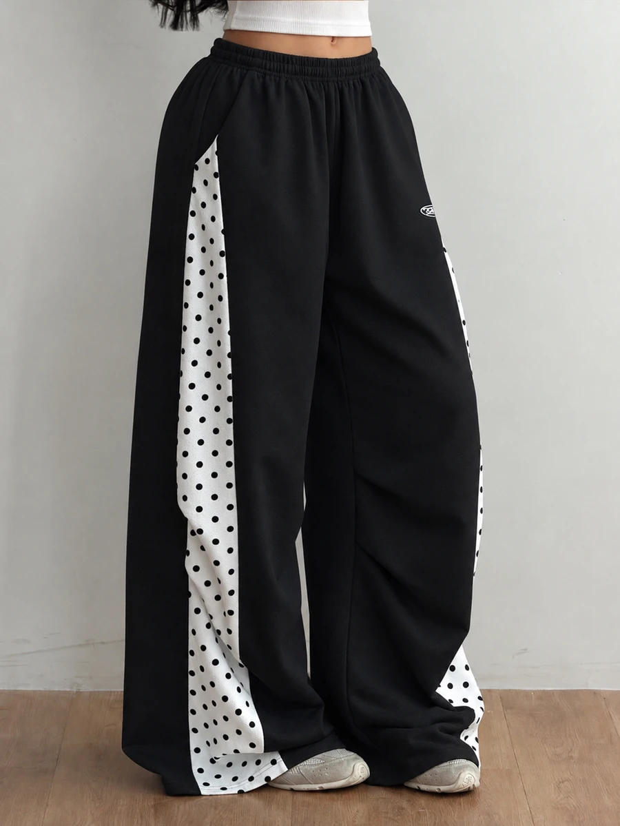 SHEIN Tween Girl Polka Dot Kids Print Colorblock Loose Sweatpants - Black and White - View 1