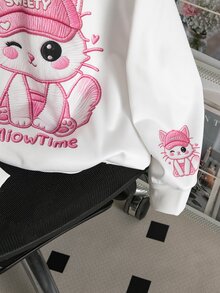 SHEIN 青少年女孩可愛粉色貓咪仿刺繡印花長袖衛衣，秋冬休閒白色套頭上衣 - 白色 - 查看 6