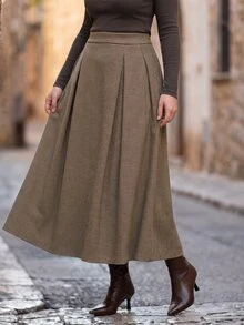 Chikora Plus Size Women's Pleated Casual Versatile Daily Wear Skirt - Coffee Brown - View 4