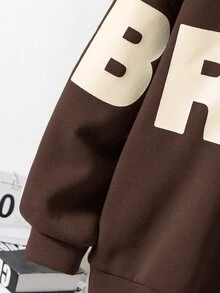 SHEIN 2件組 青少年男孩棕色學院風字母連帽衛衣與直筒運動長褲，返校季秋季街頭休閒運動套裝 - 棕色 - 查看 5