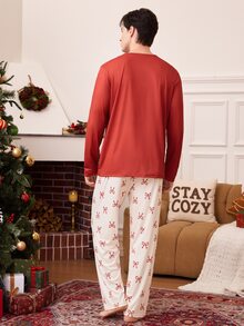 CoupledUp Red Button Design Round Neck Long Sleeve Top + Bow Print Long Pants, Comfortable Casual Men's Loungewear Pajama Set - Multicolor - View 3