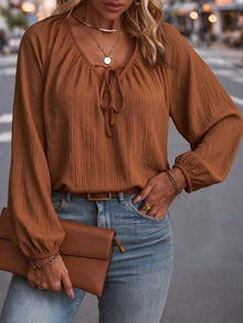 EMERY ROSE Plus Size Women's Solid Color Pleated Casual Versatile Everyday Blouse Brunch Vacation Chocolate Brown Summer Going Out Tops For Women Basic Blouses - Orange - View 5