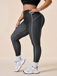 SHEIN Rhythm Era 女款大尺碼波點印花高腰運動緊身褲 - 黑與白 - 查看 5