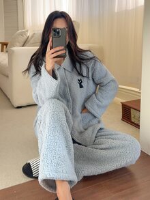 DAZY Women's Long Sleeve Top And Pants Casual Daily Home Sleepwear Set - Blue - View 10