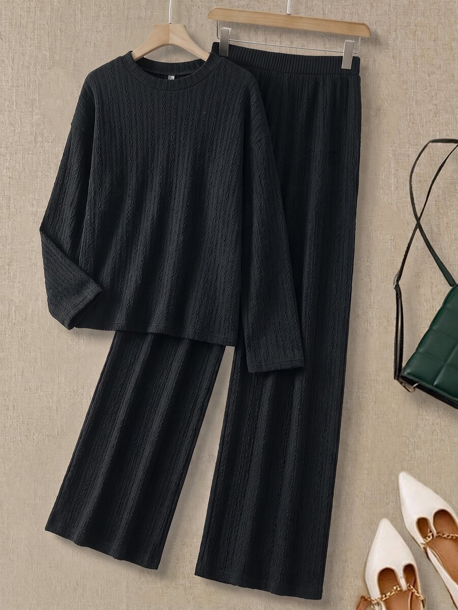 Rusticease Women's Long Sleeve Top And Loose Pants Knit Texture 2 Pieces Set - Black - View 1
