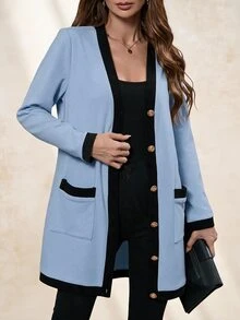 Chikora 大尺碼女款優雅金屬鈕扣開襟長款保暖針織外套，黑白配色，適合秋季，女士防風外套，商務休閒教師節辦公穿搭 - 藍色 - 查看 1