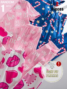 SHEIN Blind Box Random 3-In-1 Set Tween Girl Knit Spring/Summer Short Sleeve Long Pants Round Neck Simple English Creative Red Lips Star Magic Wand Fun Digital Print Pattern Slim Fit Comfortable Soft Skin-Friendly Random Floral Print 2 Pieces Top And Bottom Combination Set Pajamas Homewear - Multicolor - View 4