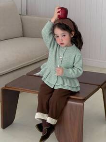 DAZY 嬰兒/幼兒（女童）荷葉邊飾休閒韓風純色秋冬長袖開襟衫 - 綠色 - 查看 8
