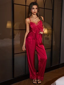 SilkySpell Butterfly Lace Satin Camisole & Wide Leg Pants Loungewear Pajama Set - Burgundy - View 2
