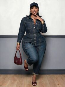 EMERY ROSE بدلة عمل من الجينز داكنة اللون للنساء مقاس كبير، ساق مستدقة مريحة، بدلة جينز بأزرار أمامية، غسيل داكن، عيد الميلاد، حفلة، حفلة موسيقية، أسلوب الشارع، Y2k - الأزرق - مشاهدة 1
