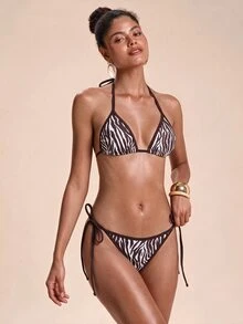 Travachic 女款斑馬紋性感掛脖綁帶比基尼兩件式泳衣套裝 - 棕色 - 查看 6