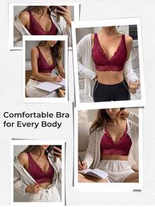 SHEIN Elacene 1件女款蕾絲無鋼圈內衣 - 紅色 - 查看 4