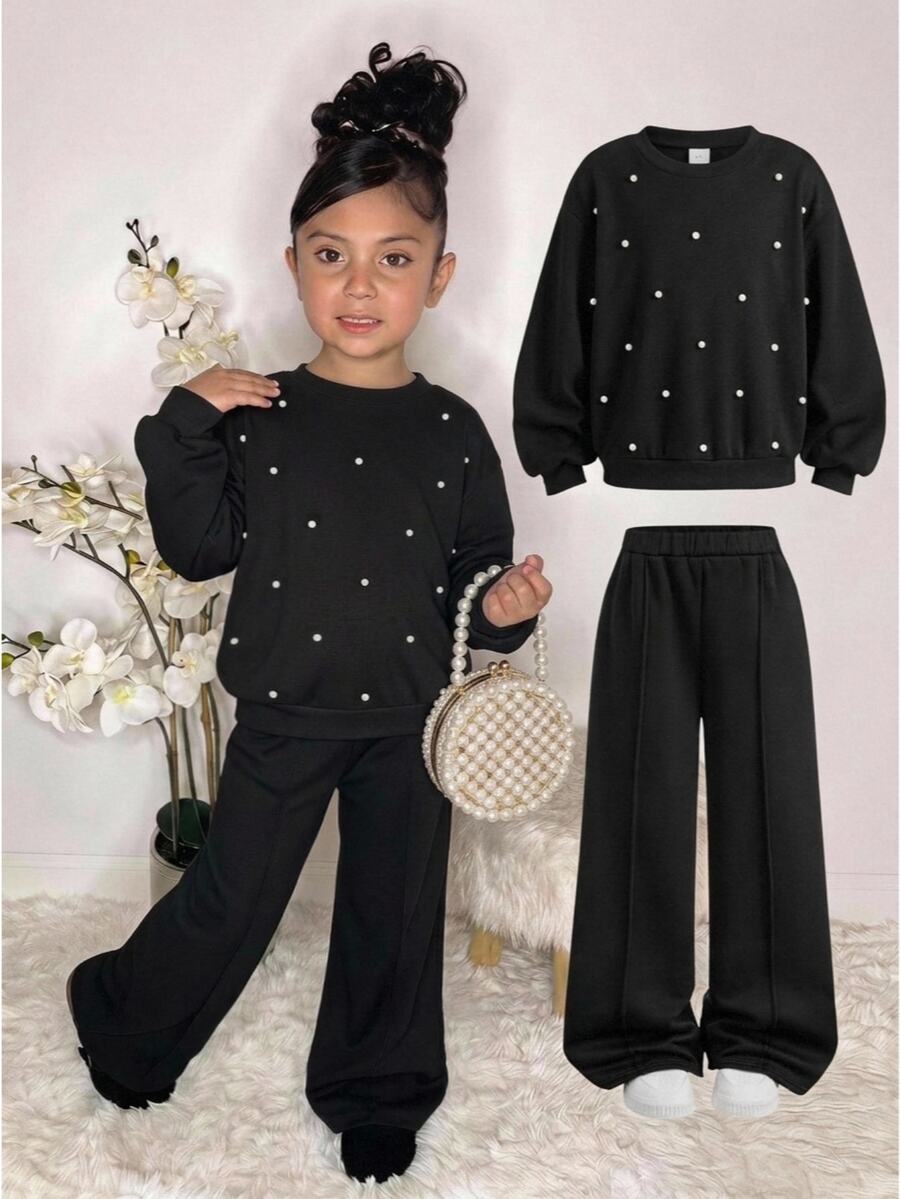 SHEIN 女童黑色秋冬休閒簡約串珠裝飾衛衣與運動褲2件套，黑色上衣，萬聖節/聖誕節，套頭式 - 黑色 - 查看 1