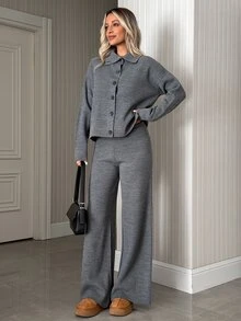 SHEIN طقم نسائي من قطعتين كارديجان وسروال كنزة محبوكة بأزرار أمامية بقصة فضفاضة باللون الرمادي - رمادي - مشاهدة 6