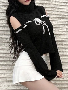 FRIFUL Women's Cold Shoulder Casual Versatile Daily Long Sleeve Sweater - Black - View 6