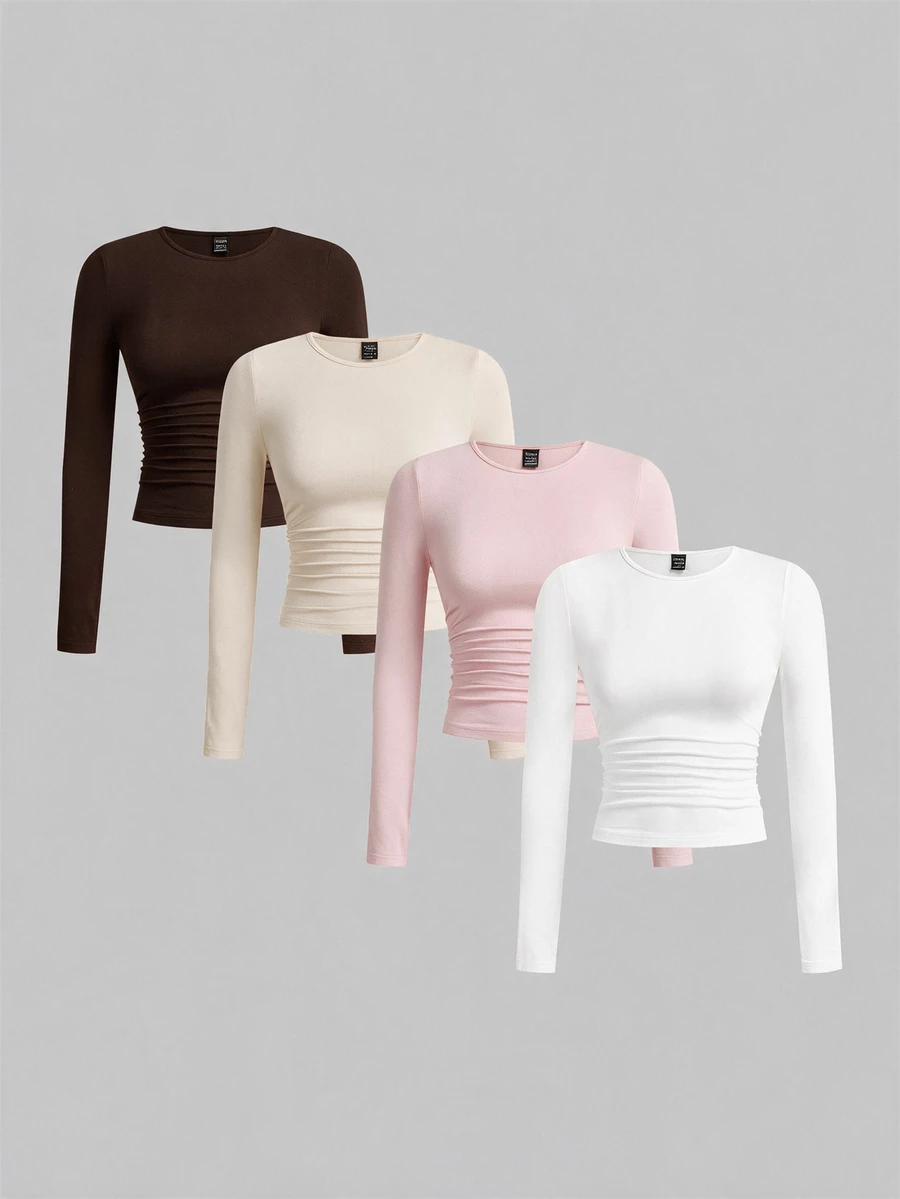 SHEIN EZwear 黑色卡其色深棕色白色針織女款圓領長袖抓皺緊身T恤 日常秋季極簡基礎簡約 - 彩色 - 查看 1