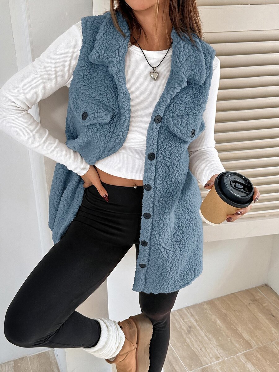 SHEIN EZwear Flap Detail Teddy Vest Coat Simple Fashionable Suitable For Winter - Dusty Blue - View 1
