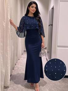 SHEIN 青少年女孩派對穿著 深藍色優雅修身晚禮服 - 藏蓝色 - 查看 3
