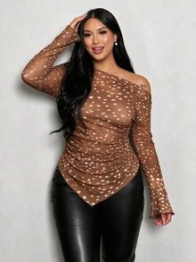Firerie Deer Pattern Long Sleeve T-Shirt, Asymmetrical Hem And Shoulder Pleat Design, Suitable For Autumn/Winter, Plus Size Autumn T-Shirt - Multicolor - View 4