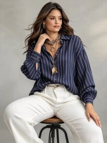 Ceyna Plus Size Pure Cotton Shirt, Navy Blue With White Stripes, Button-Down, Long Sleeve, Versatile Innerwear/Outerwear, Casual Commute Top - Navy Blue - View 4