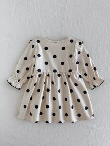 SHEIN Đầm bé gái chập chững chấm bi màu kem đen, phong cách dễ thương ngọt ngào, đính cúc, bèo nhún, tay dài xòe, cổ tròn, dáng vừa vặn, cho tiệc sinh nhật mùa thu, kiểu công chúa ấm áp gân tăm - Đen và trắng - Xem 2