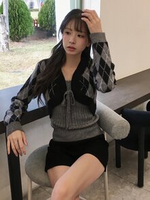 DAZY Slim Fit Ribbed Camisole & Plaid Cardigan Vintage Elegant Vacation Korean Style Autumn/Winter Women's Sweater 2 Pieces Set - Grey - View 2