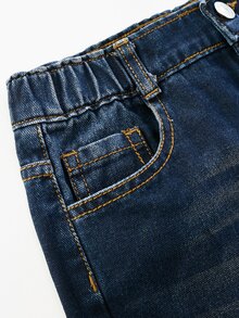 青少年男孩水洗深藍色寬鬆錐形牛仔褲－休閒丹寧長褲，附褪色細節與鬆緊腰頭 - 深色水洗藍 - 查看 5
