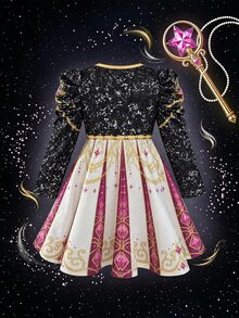 SHEIN 少女韓系K-Pop圓領長袖洋裝，適合假期表演與嘉年華 - 黑色 - 查看 3