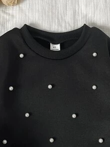 SHEIN 女童黑色秋冬休閒簡約串珠裝飾衛衣與運動褲2件套，黑色上衣，萬聖節/聖誕節，套頭式 - 黑色 - 查看 5