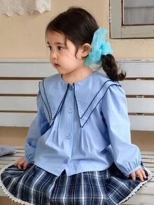Dazy Kids Infant/Toddler (Girl) Solid Color Long Sleeve Korean Style Top With Turn-Down Collar - Blue - View 6