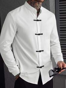 Manfinity Homme Men's New Chinese Style Frog Button Long Sleeve Shirt - White - View 6