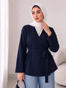 Solavon Plus Size Solid Color Long Sleeve Streetwear Sweater For Daily Wear - Navy Blue - View 1