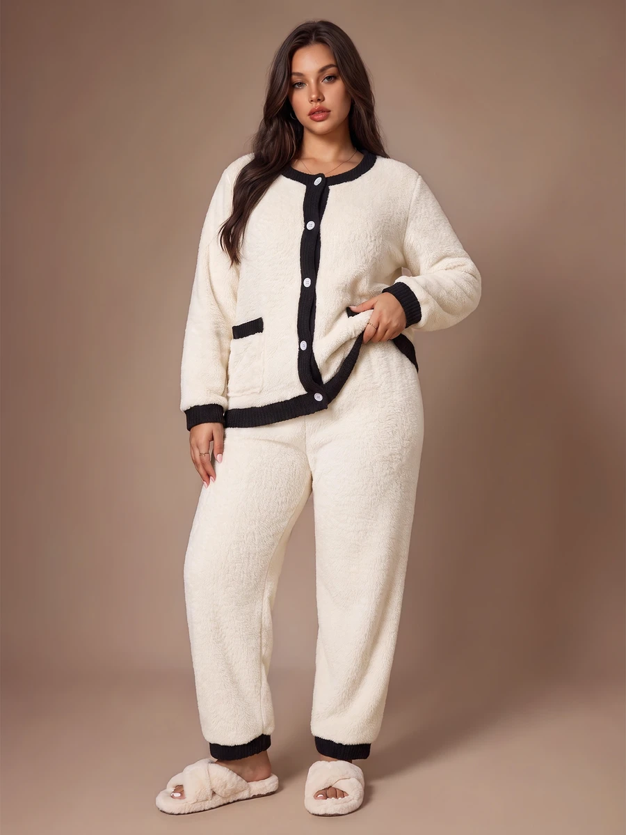 Lazeform Plus Size Minimalist Casual Patchwork Coral Fleece Pajama Set - Multicolor - View 1