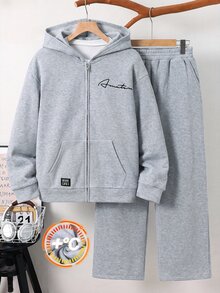 青少年男孩 2件組休閒運動百搭灰色舒適條紋字母印花針織秋季連帽拉鍊運動外套與運動長褲，秋季戶外休閒套裝 - 灰色 - 查看 3